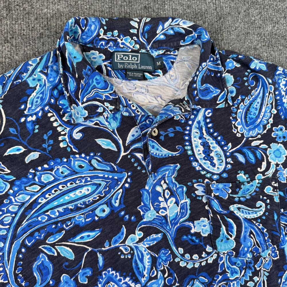 VTG Polo Ralph Lauren Polo Shirt Mens M Blue Black Floral Paisley Mesh Preppy